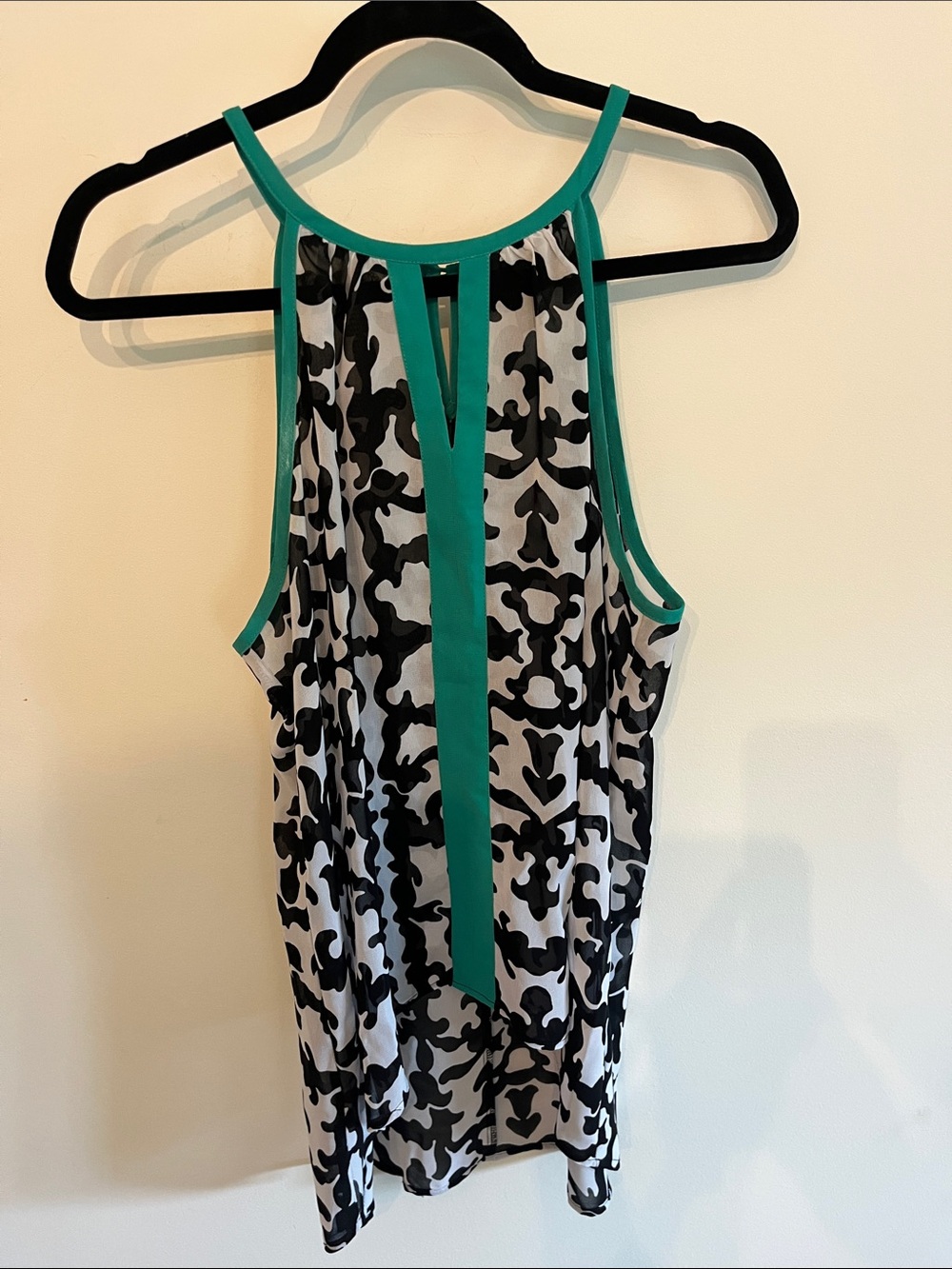 Nicole by Nicole Miller Black and White Abstract Halter Camisole with Teal Trim